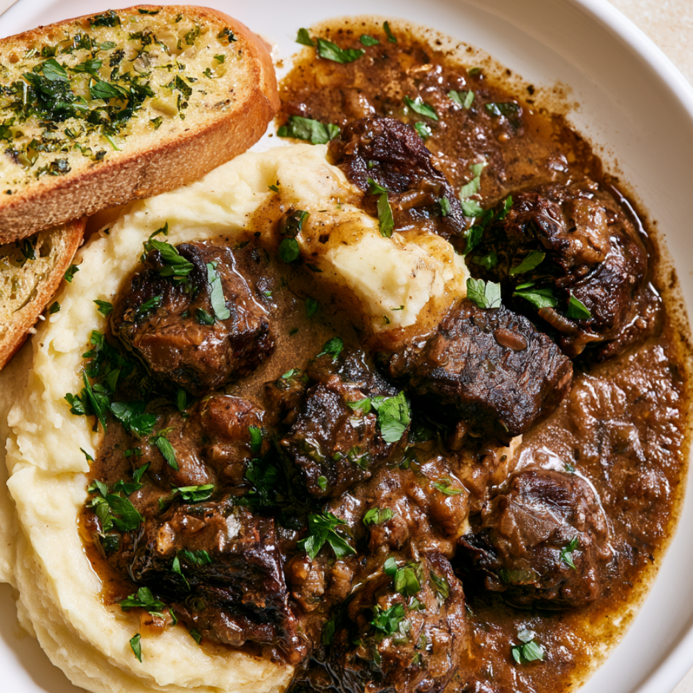 Crockpot Beef Tips and Gravy over mashed potato
