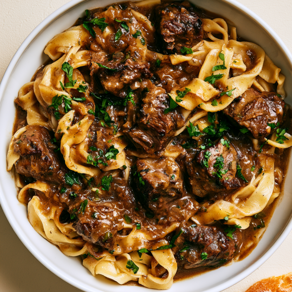 Crockpot Beef Tips and Gravy over egg noodles