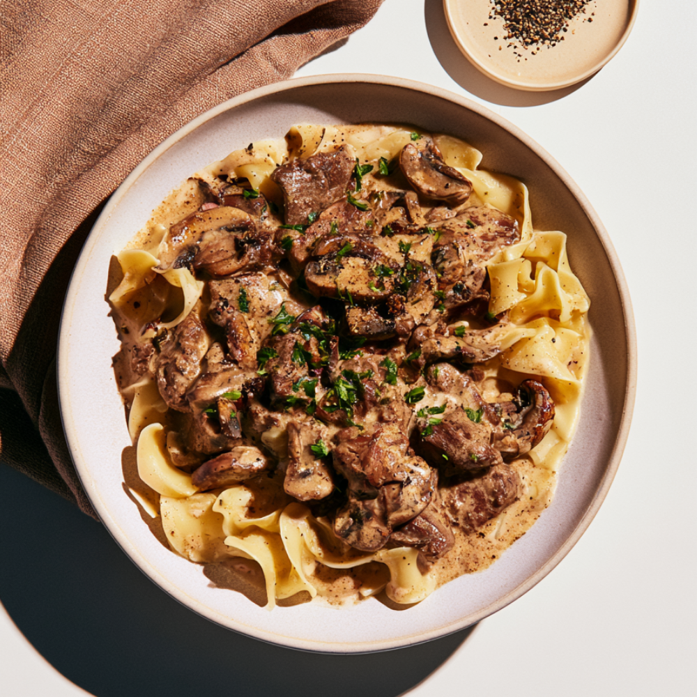 beef stroganoff crockpot-over egg noodles
