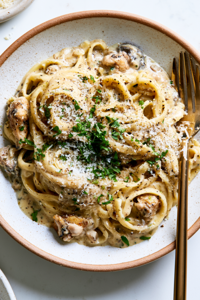 crockpot chicken alfredo-served on a dinner plate