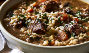 Beef Barley Soup in Crockpot Bowl