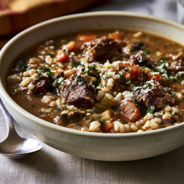 Beef Barley Soup in Crockpot Bowl