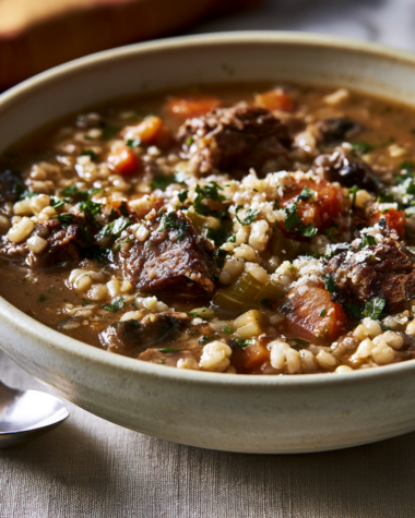 Beef Barley Soup in Crockpot Bowl