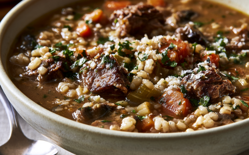 Beef Barley Soup in Crockpot Bowl