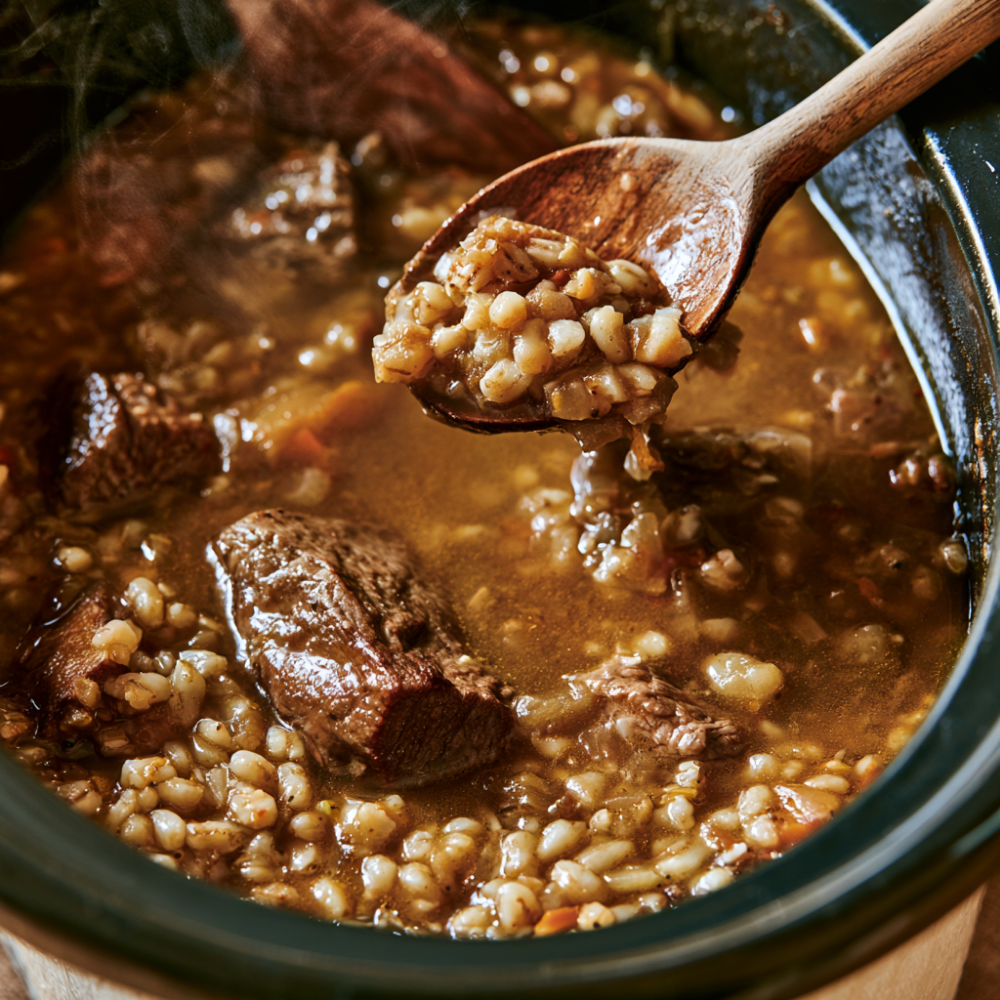 Beef Barley Soup in Crockpot closeup