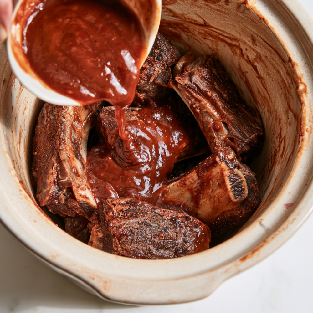 Crockpot Beef Ribs-adding BBQ sauce