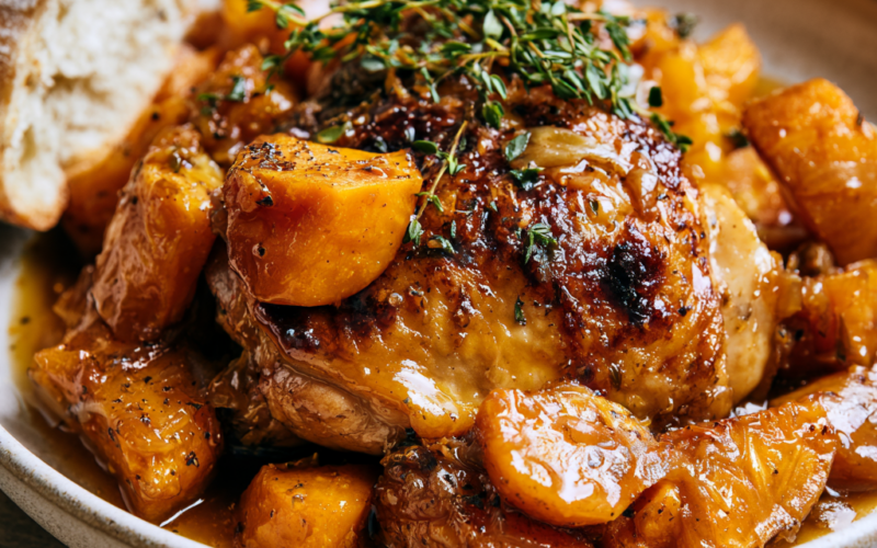 Crockpot Chicken Thighs and Sweet Potatoes Served