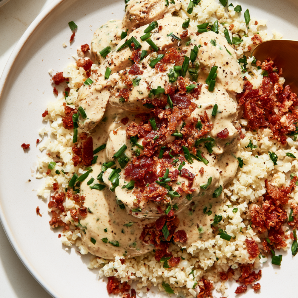 Crockpot Cracked Chicken-over cauliflower rice