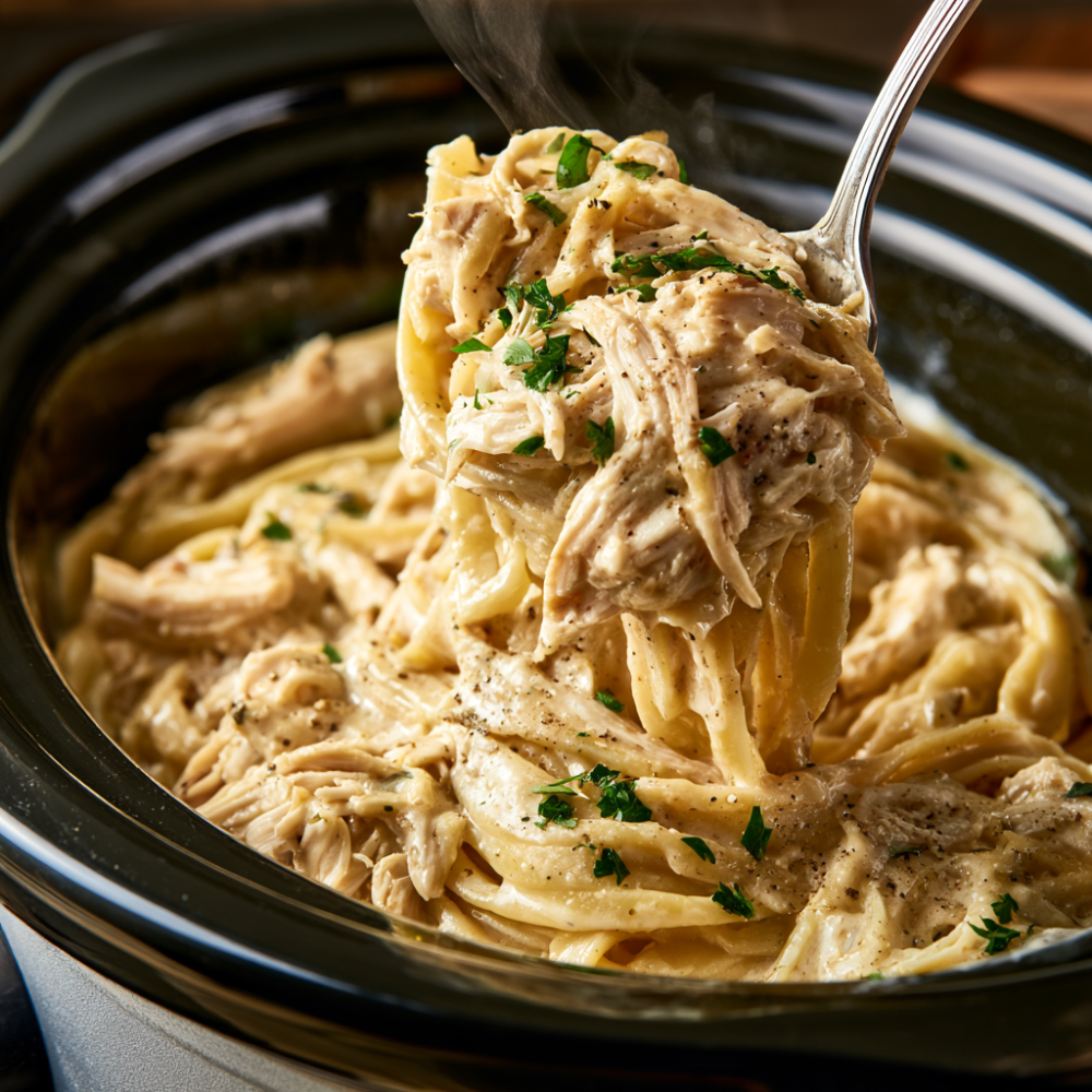 Crockpot Garlic Parmesan Chicken Pasta-close up