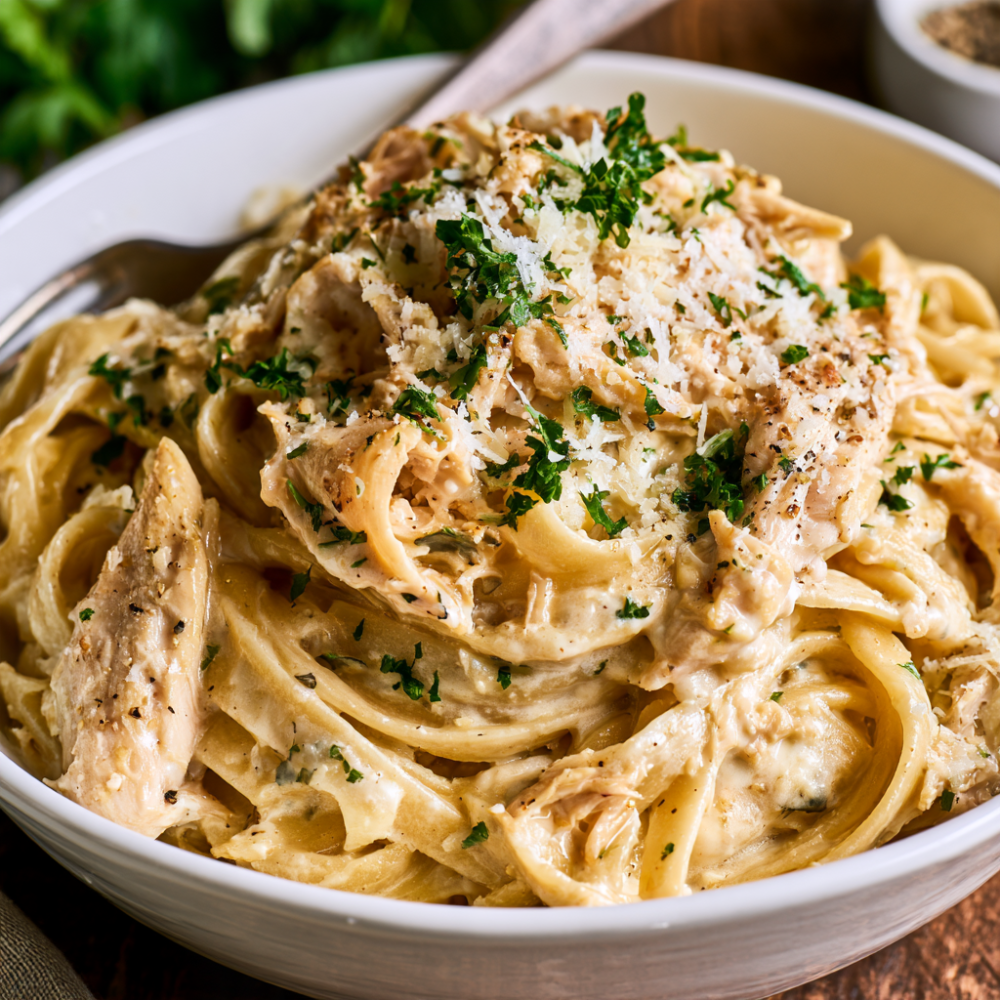 Crockpot Garlic Parmesan Chicken Pasta-served