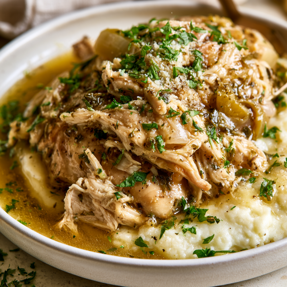 Crockpot Italian Chicken-over mashed potatoes
