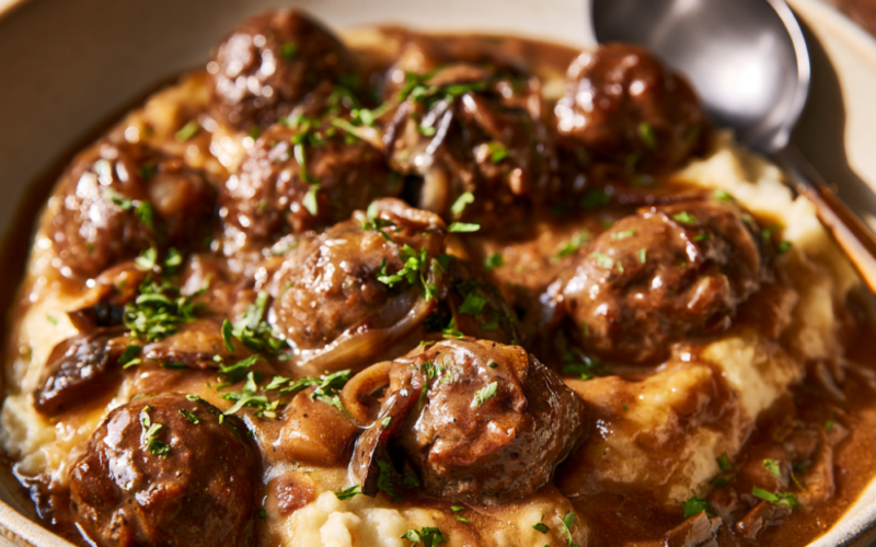 Crockpot Salisbury Meatballs-served
