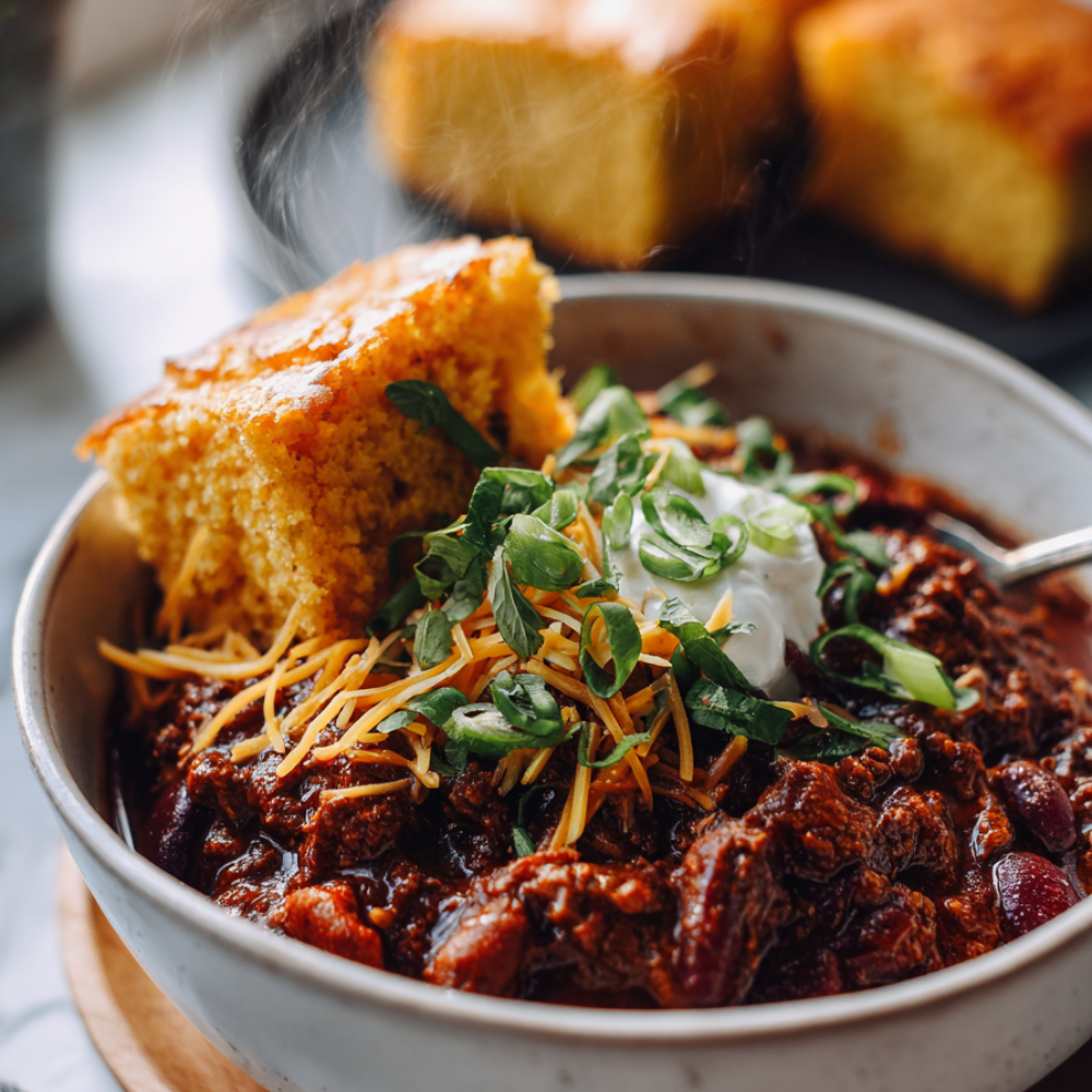 crockpot beef chili recipe-corn bread