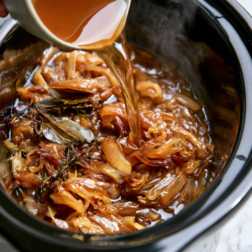 french onion soup crockpot-Adding Broth